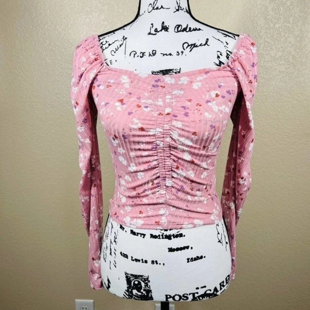 Antistar Pink top White floral  print long sleeve front ruched crop top size S